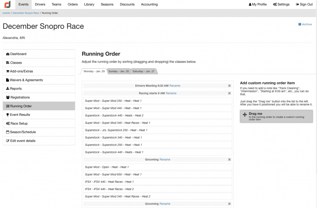 Raceday Running Order Software